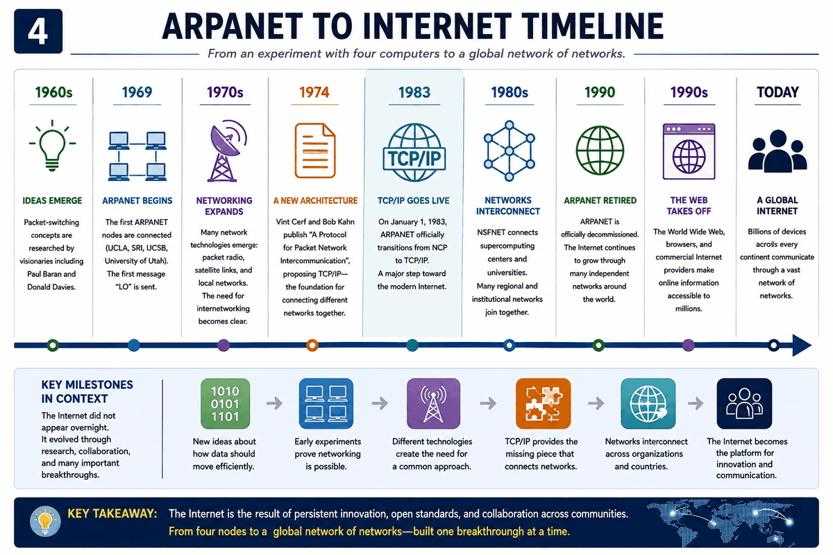 ARPANET to Internet Timeline: from 1960s packet-switching research through the first 1969 ARPANET nodes, 1970s internetworking research, the 1983 TCP/IP transition, 1980s academic network expansion, the 1990 ARPANET retirement, and 1990s Web and commercial Internet growth to today's global Internet.