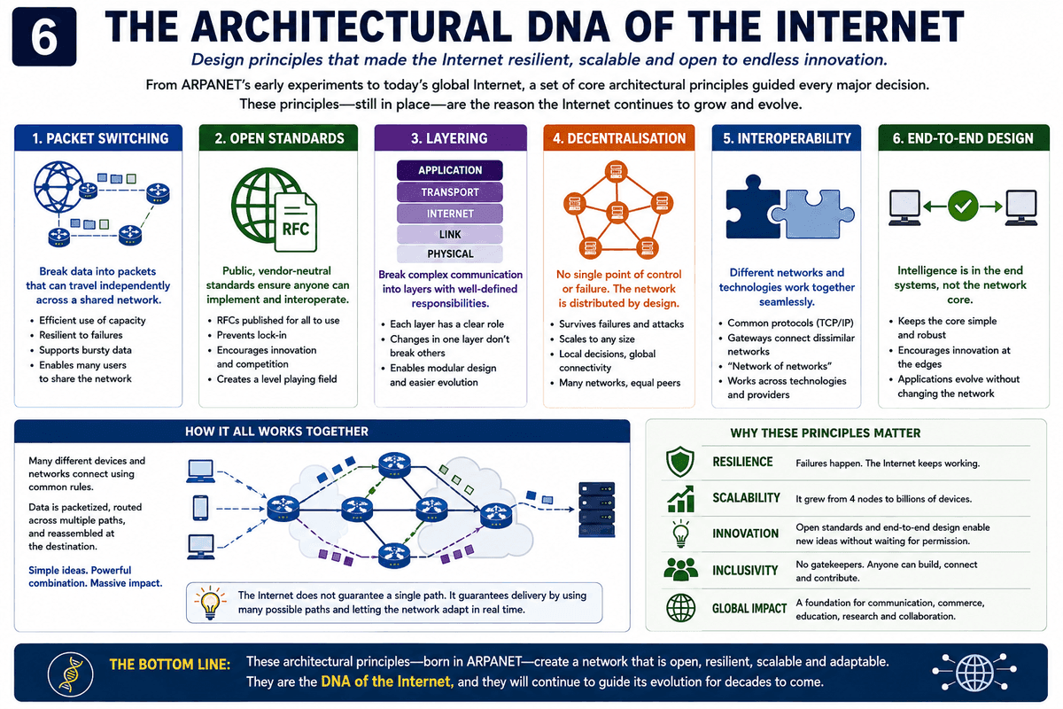 The Architectural DNA of the Internet: six design principles — packet switching, open standards, layering, decentralisation, interoperability and end-to-end design — that made the Internet resilient, scalable and open to endless innovation.