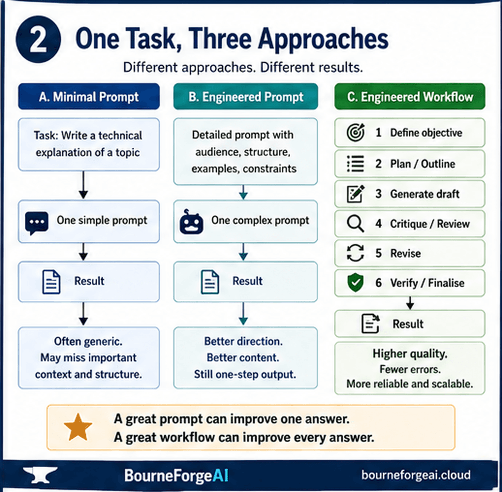 One Task, Three Approaches: a minimal prompt produces a generic result, an engineered prompt produces better direction and content but is still one-step output, and an engineered six-step workflow (define objective, plan, generate draft, critique, revise, verify) produces a higher-quality, more reliable result with fewer errors — a great prompt can improve one answer, a great workflow can improve every answer.