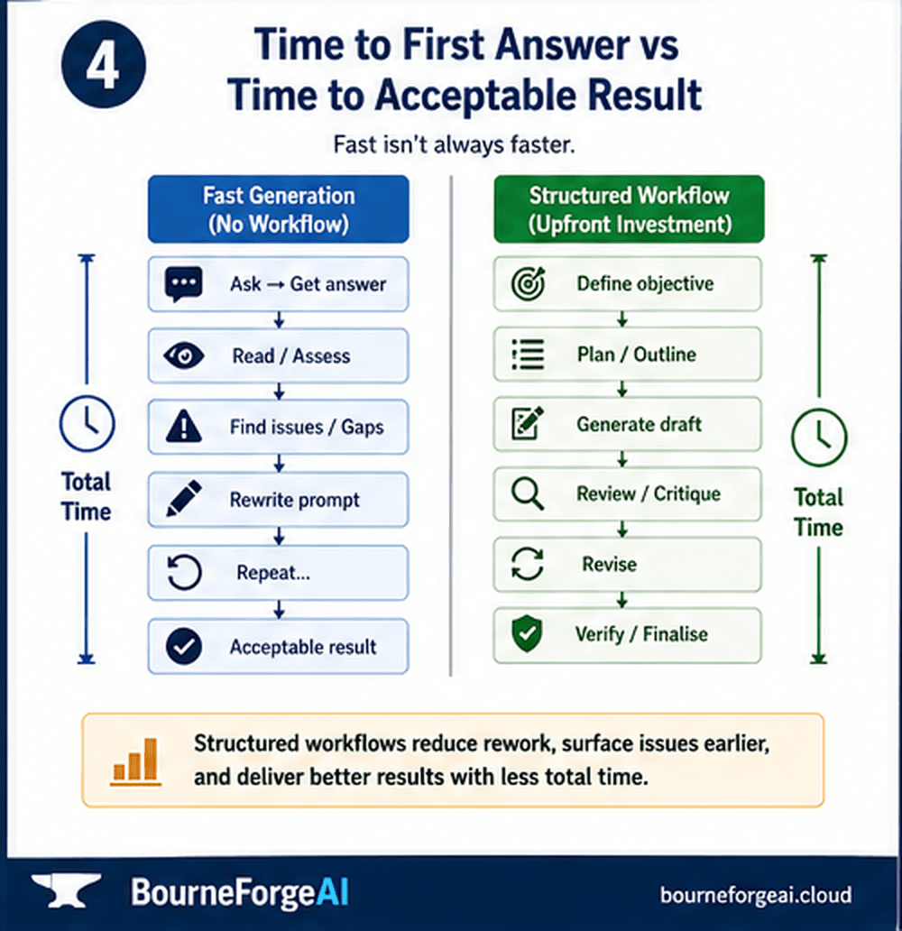 Time to First Answer vs Time to Acceptable Result: fast generation with no workflow cycles through ask, read/assess, find issues, rewrite prompt and repeat before reaching an acceptable result, while a structured workflow with upfront investment — define objective, plan, generate draft, review, revise, verify — reduces rework and surfaces issues earlier, delivering a better result in less total time.