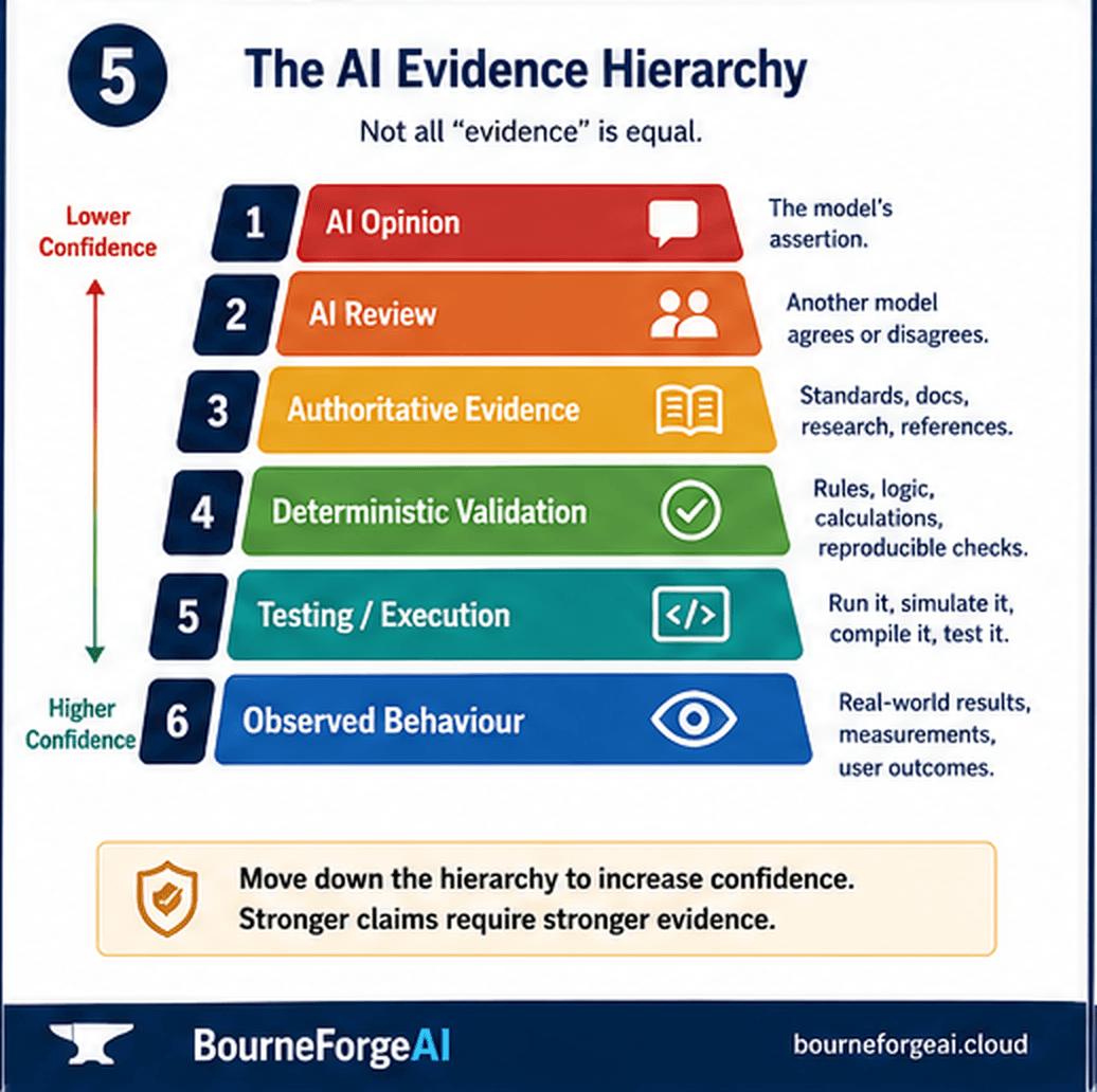 The AI Evidence Hierarchy: six levels of confidence from lower to higher — AI Opinion (the model's assertion), AI Review (another model agrees or disagrees), Authoritative Evidence (standards, docs, research), Deterministic Validation (rules, logic, reproducible checks), Testing/Execution (run it, simulate it), and Observed Behaviour (real-world results and user outcomes) — with stronger claims requiring stronger evidence.